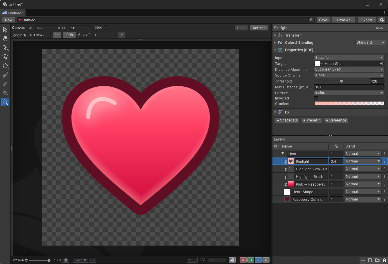 WhimTex showing a layered heart with a gradient, outline, highlight and SDF rim light